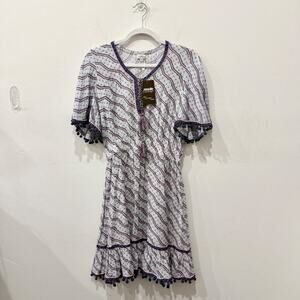 Talitha Printed Pompom Short Sleeve V-Neck Mini Cover Up Dress White/Purple M